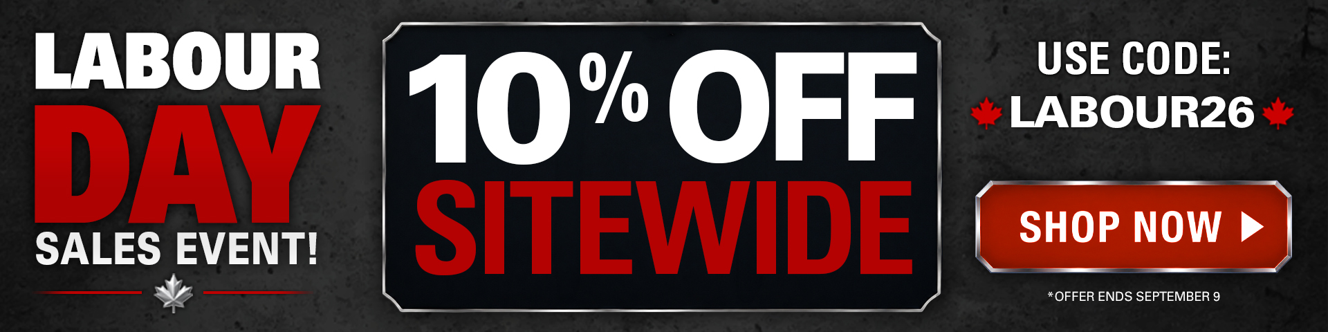HAIX Labour Day sales event banner offering 10% off sitewide with code LABOUR26. Click the Shop Now button to save today.