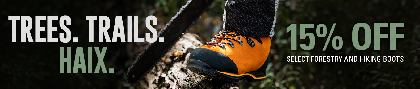 Close up of a HAIX orange forestry boot standing on a log with text overlay offering 15 percent off select footwear.
