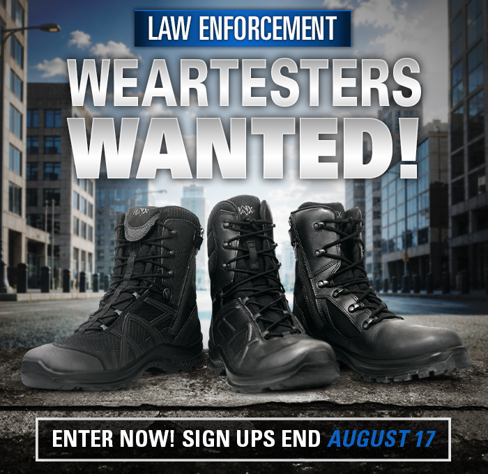 HAIX law enforcement weartesters wanted advertisement featuring three black tactical boots on a city street background.