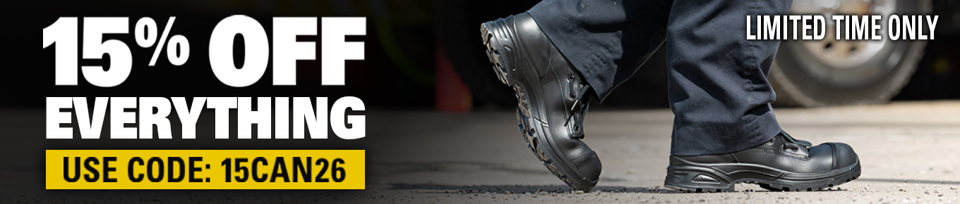 A promotional banner for HAIX boots offering 15% off everything for a limited time with discount code 15CAN26 shown.