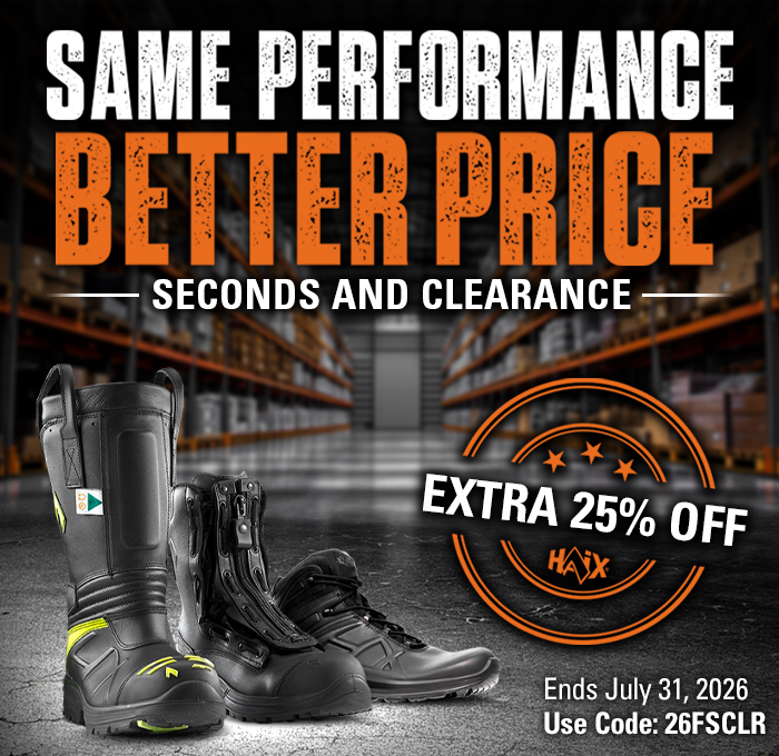 HAIX clearance sale featuring professional black boots with an extra 25 percent off discount code valid until July 2026.