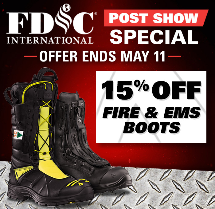 Shop HAIX fire and EMS boots now with 15% off! Limited time offer ends May 11. Don't miss out!