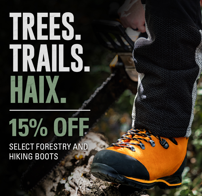 A person wearing orange HAIX forestry boots stands in the woods, with text promoting a 15 percent off sale on boots.