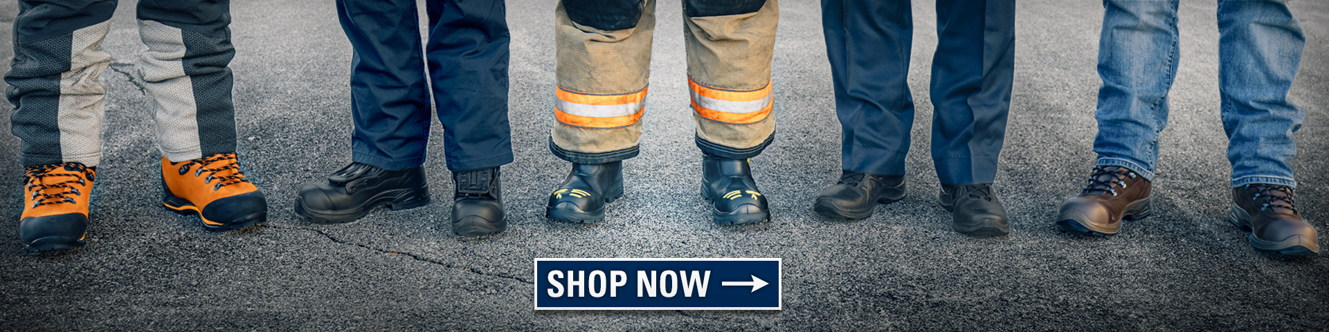 Line up of public safety professionals in HAIX boots on blacktop with a shop now button at the lower center. 