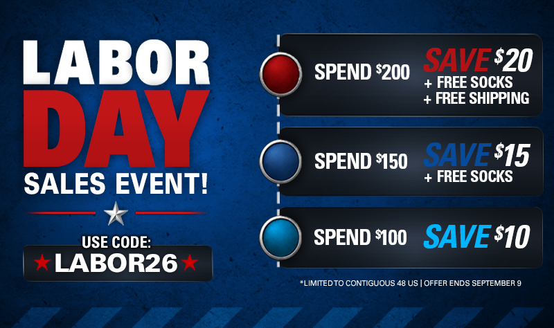 HAIX Labor Day sale event graphic showing tiered savings of 10, 15, and 20 dollars with code LABOR26 for US orders.