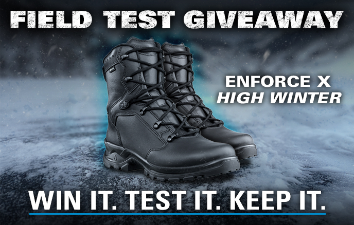 Enforce X High Winter with text reading 'Field Test Giveaway' and 'Win It. Test It. Keep It' on a snowy background