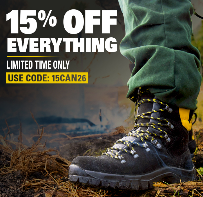 Get 15% off everything at HAIX with limited time code 15CAN26, featuring a durable black work boot in a forest setting.