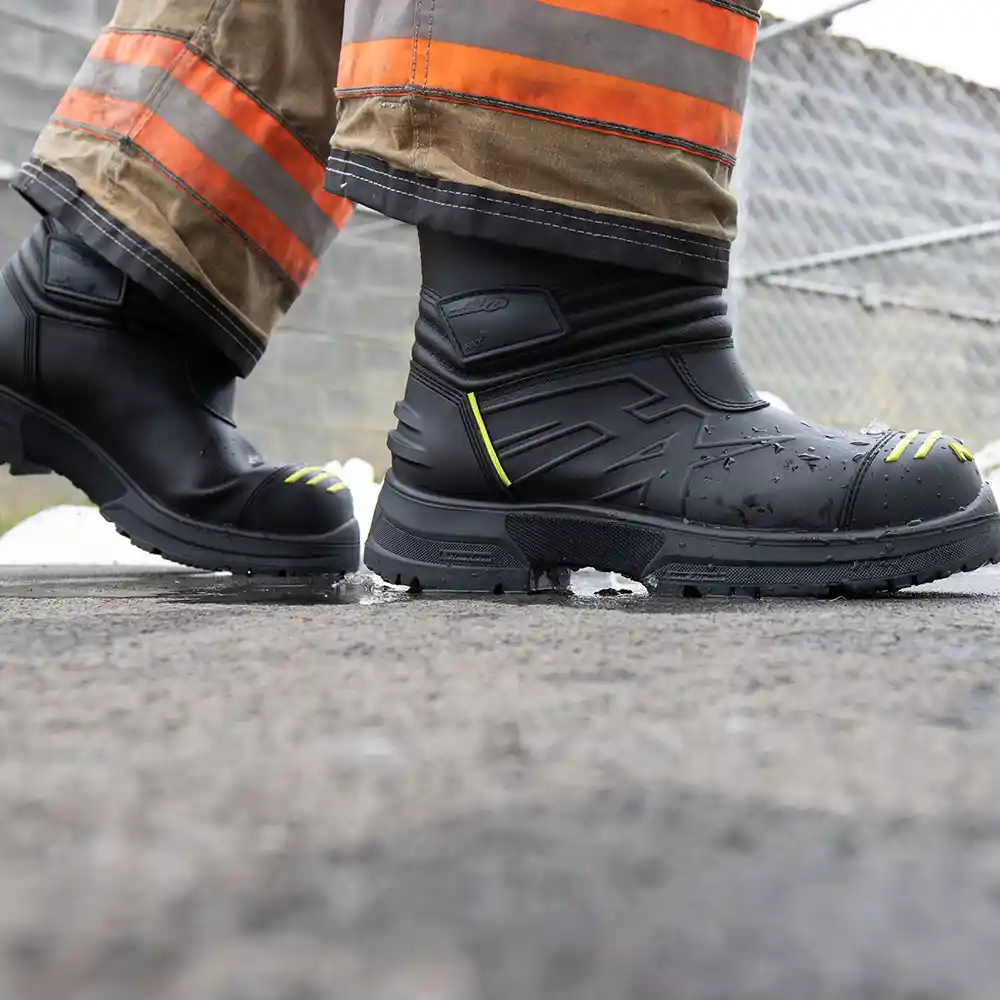 Fire Eagle Air Grip Xtreme firefighter boots worn with turnout pants in motion, highlighting lightweight comfort.