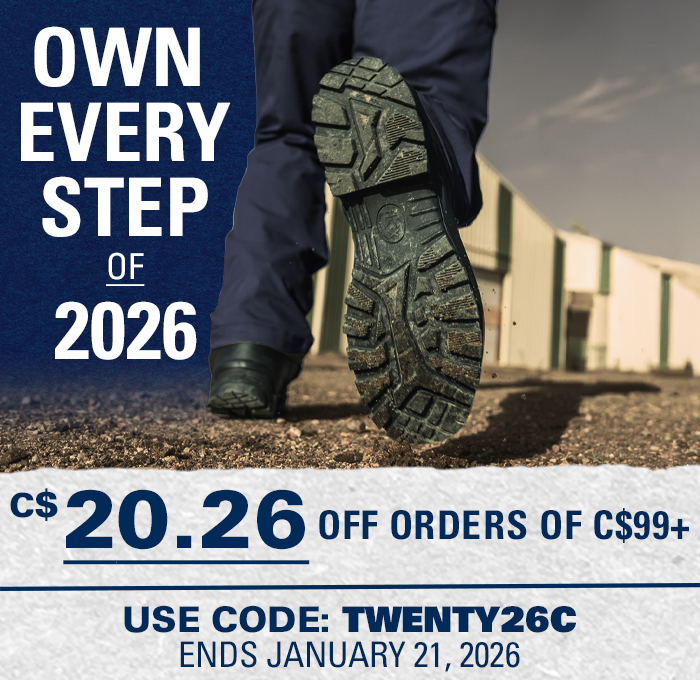 HAIX boots in motion with text saying "Own Every Step of 2026","C$20.26 off orders $99+" & "Use Code TWENTY26C"