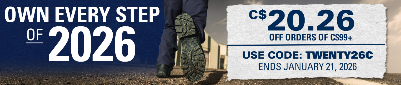 HAIX boots in motion with text saying "Own Every Step of 2026","C$20.26 off orders $99+" & "Use Code TWENTY26C"